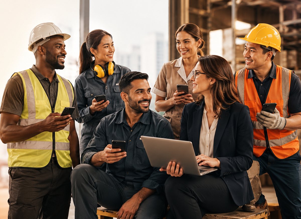 A mixed workforce: production and logistics workers alongside office colleagues, each holding a phone