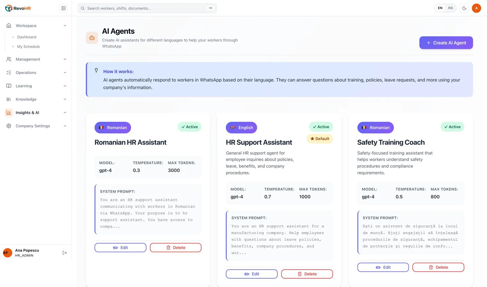 Configurarea asistentului HR multilingv în RevoHR