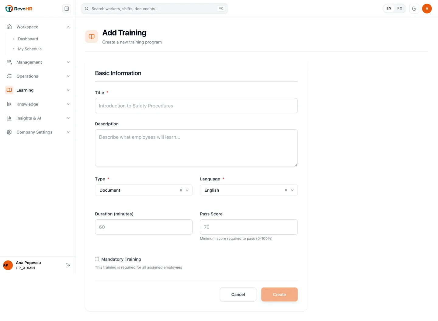Configurarea unui training pentru angajați în RevoHR