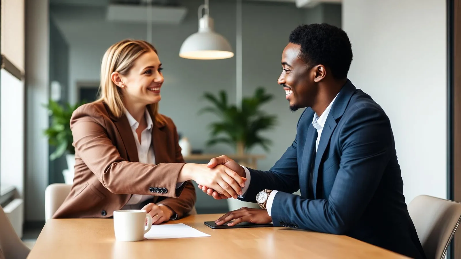 Two HR professionals shaking hands after agreeing on a plan