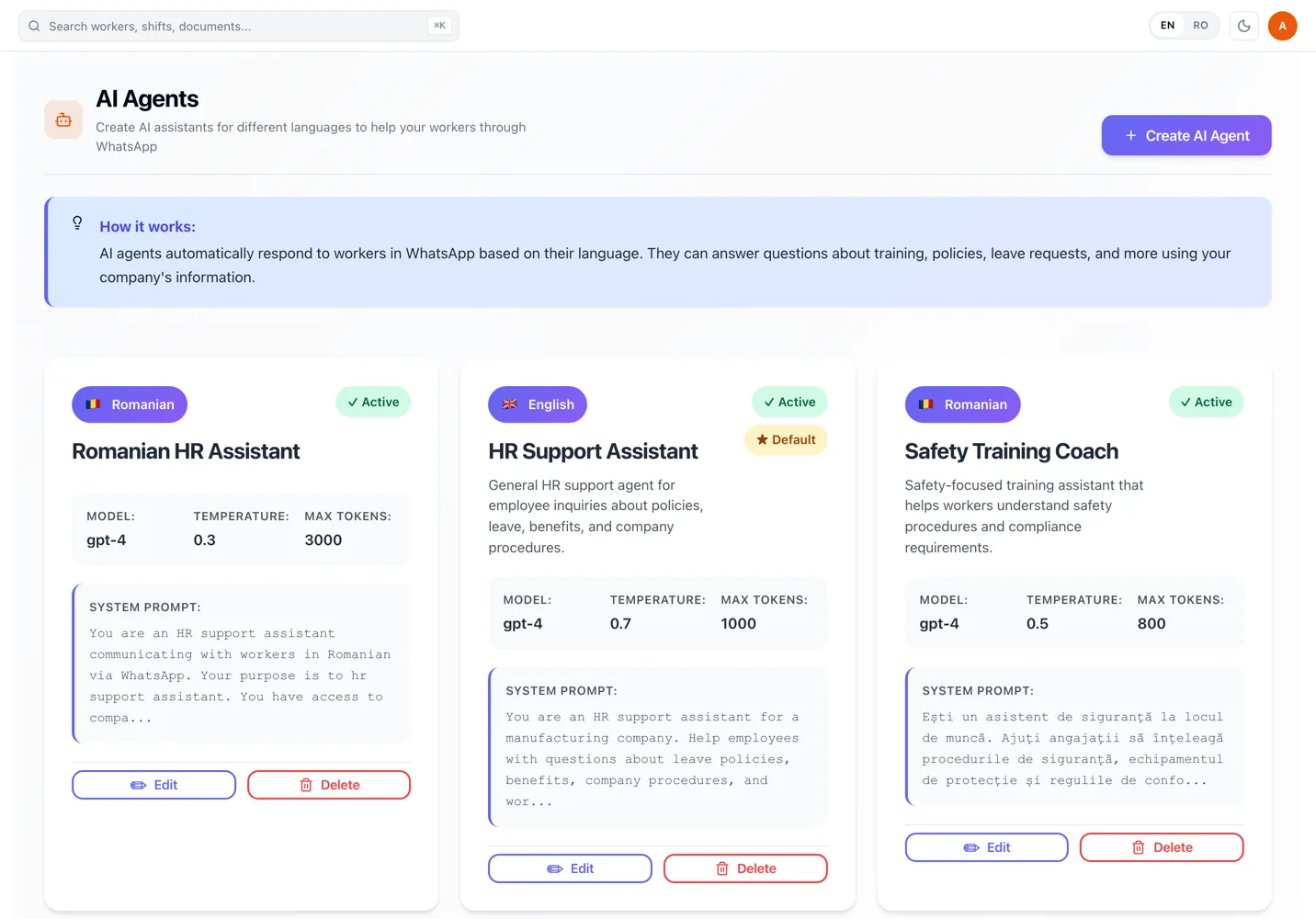 RevoHR AI agents screen showing configured assistants for Romanian and English, each with its language, status, model settings and system prompt.