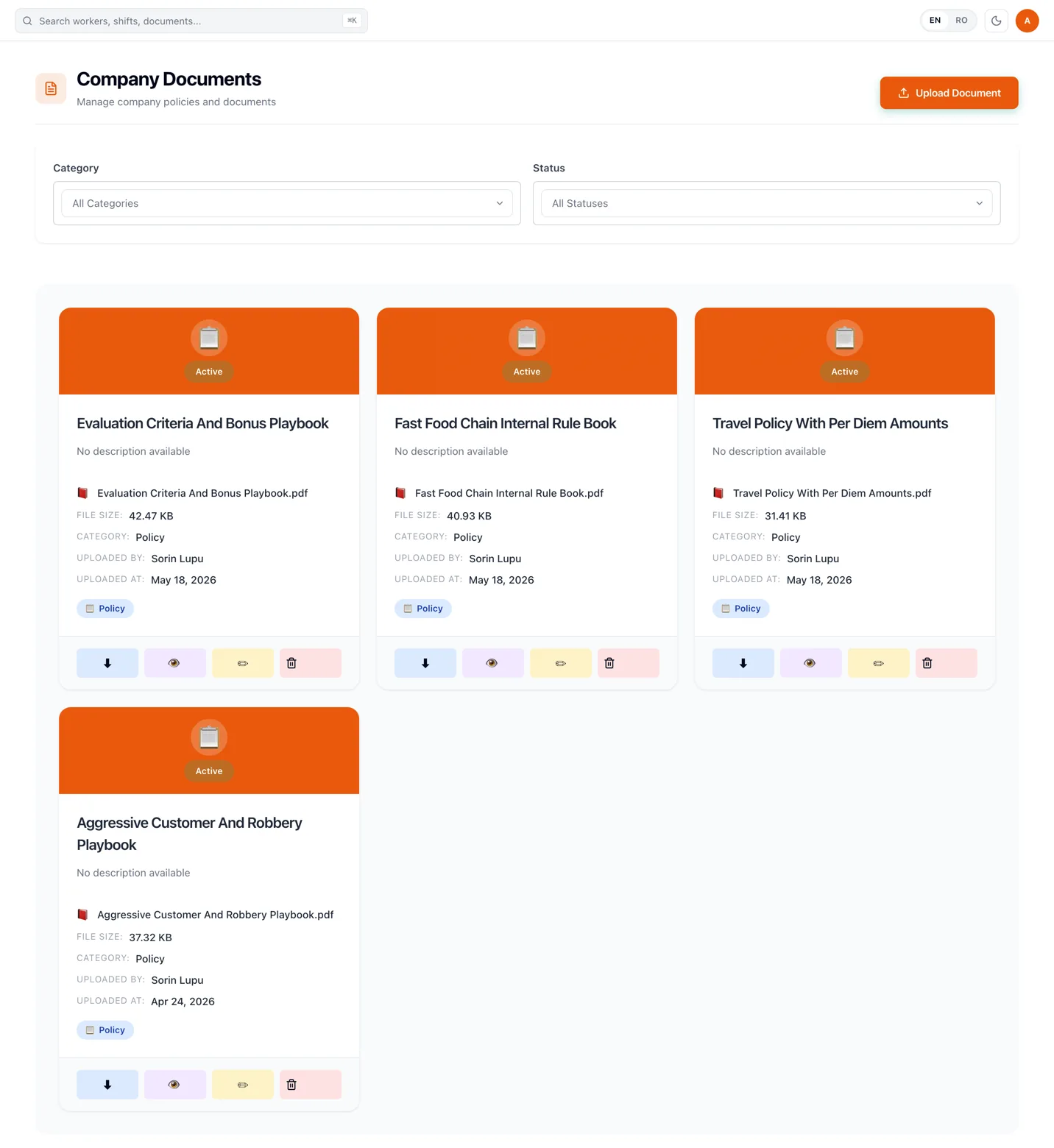 RevoHR company documents library showing policy documents as cards with file name, size, category, who uploaded them and when, filters by category and status, and an upload button.