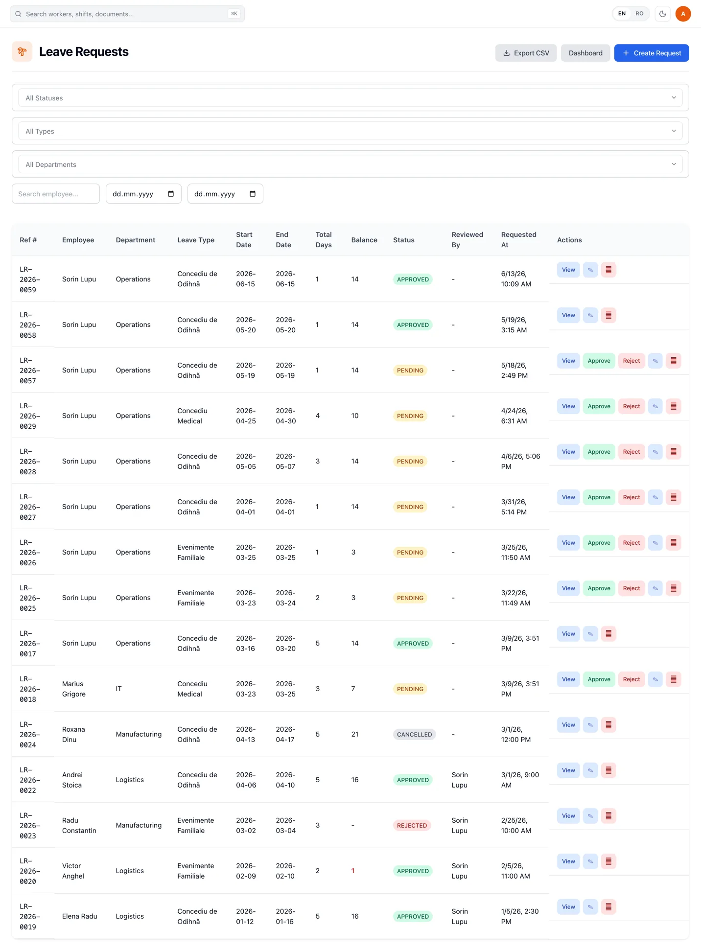 RevoHR leave requests list showing reference number, employee, department, leave type, start and end date, total days, balance, status and approval actions.