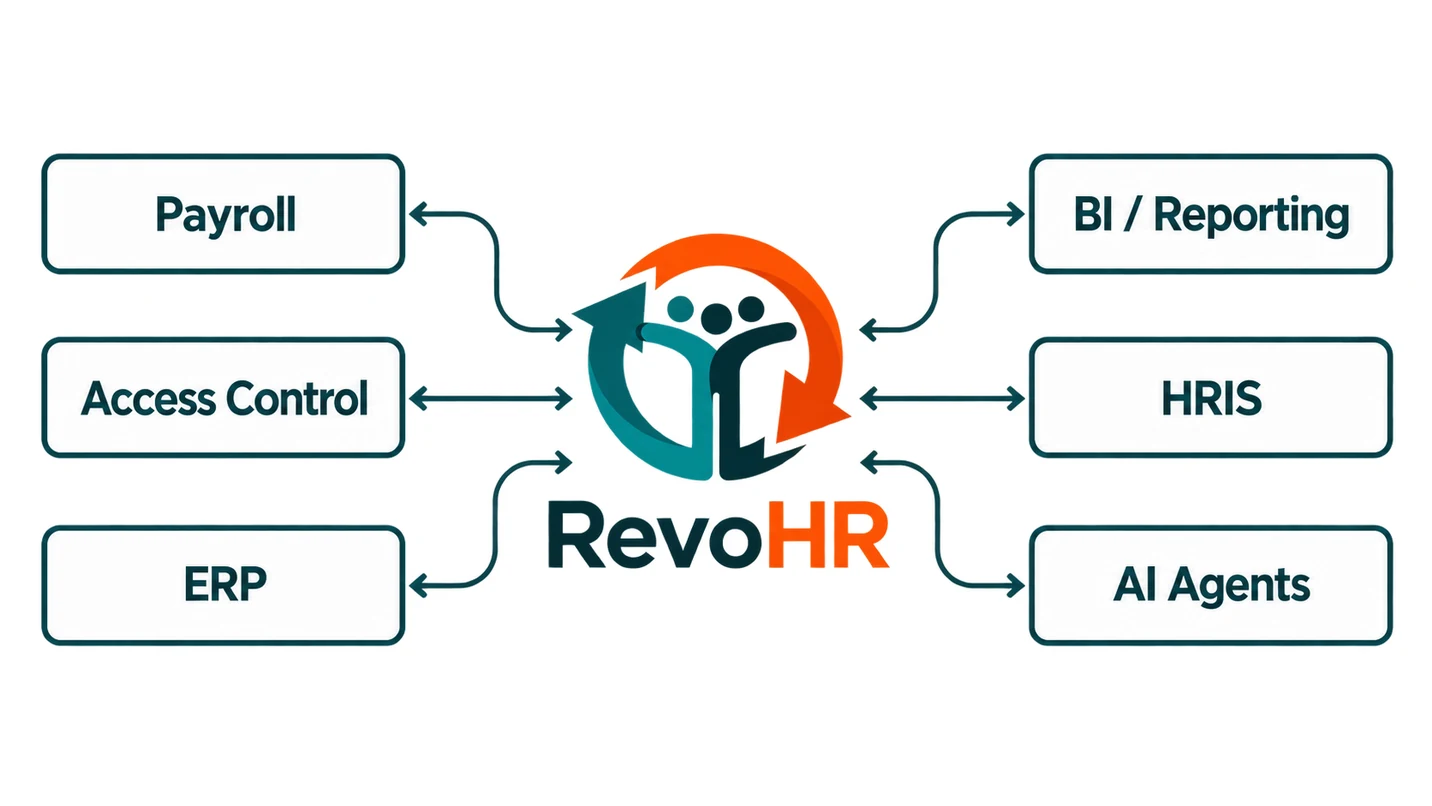 Diagram with RevoHR at the centre and six connected systems around it: Payroll, Access Control and ERP on one side, BI and Reporting, HRIS and AI Agents on the other, with arrows showing information moving in both directions.