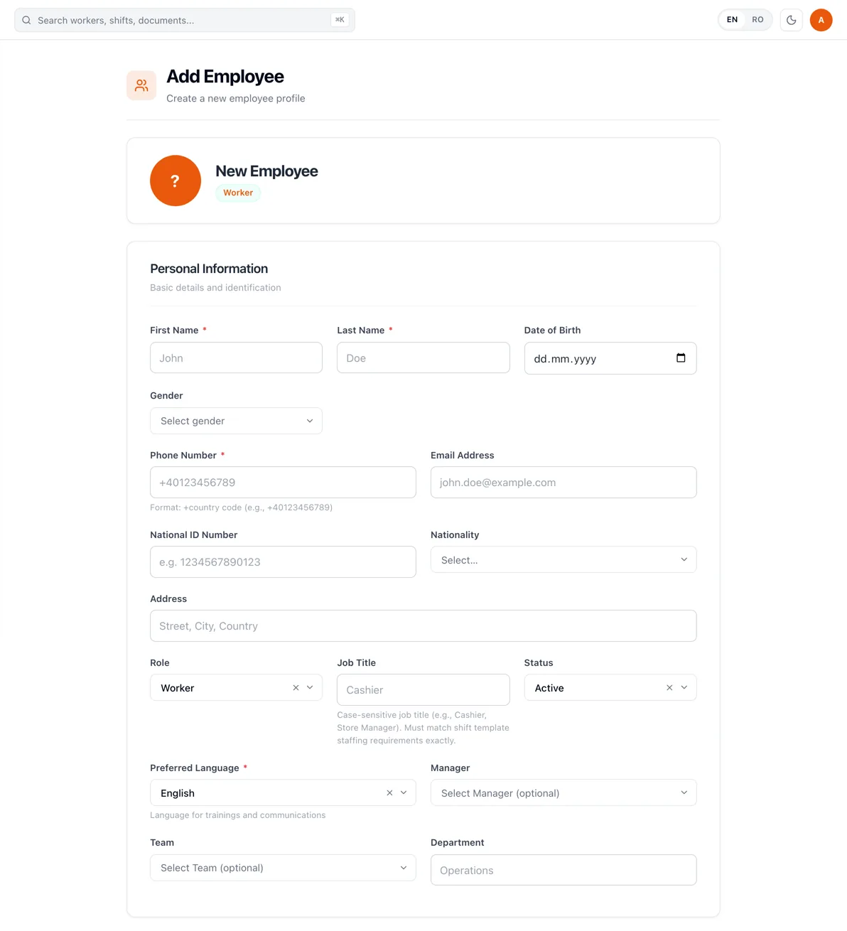RevoHR add-employee form showing the required first name, last name, phone number and preferred language fields alongside optional role, job title, status, manager, team and department fields.