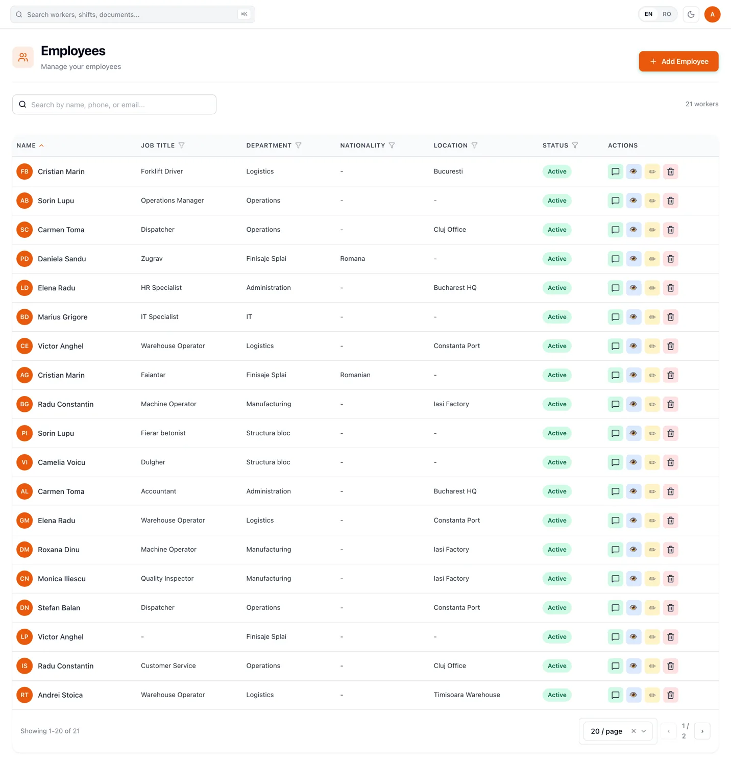 RevoHR employees list showing each worker with job title, department, nationality, location and status, with filters on those columns and a search field for name, phone or email.