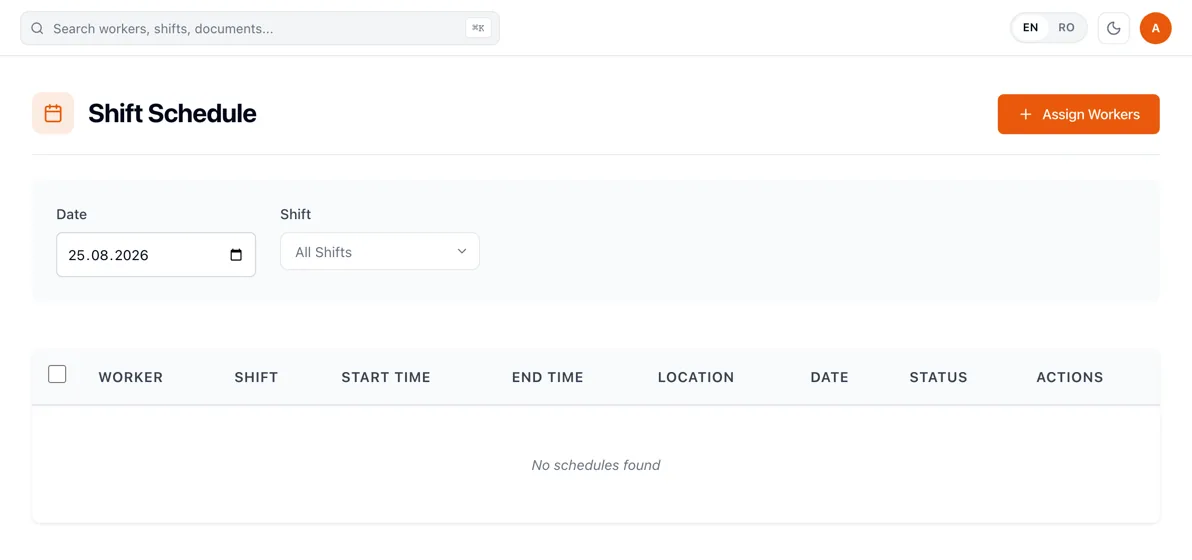 RevoHR shift schedule day view with a date and shift filter and a table of worker, shift, start and end time, location, date and status.