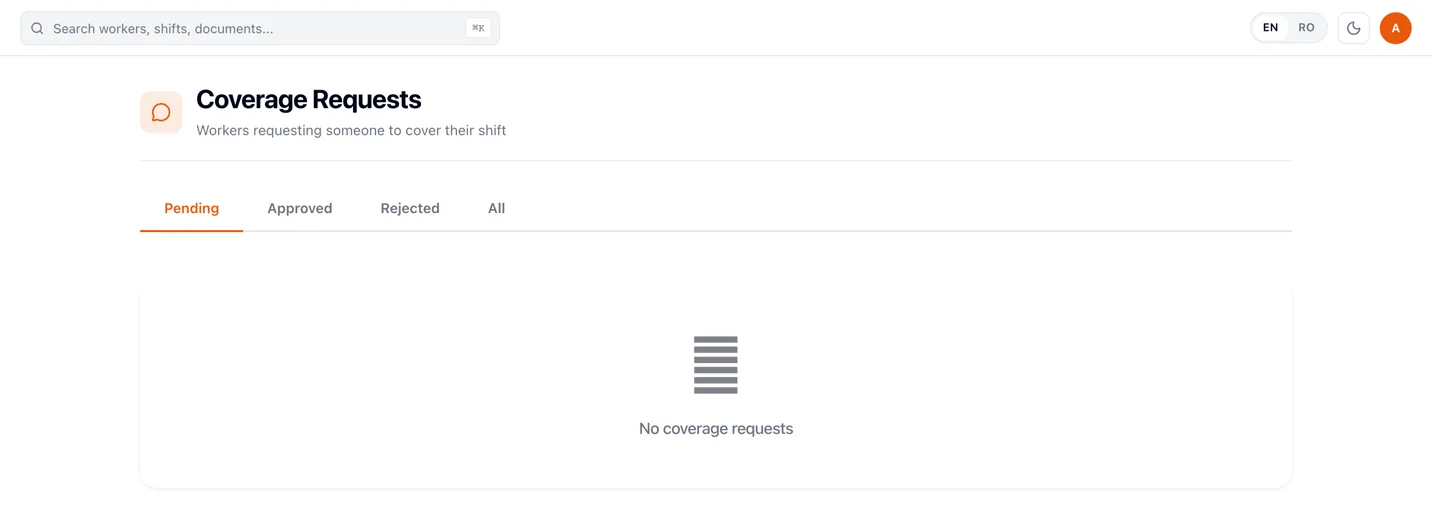RevoHR coverage requests screen with Pending, Approved, Rejected and All tabs.