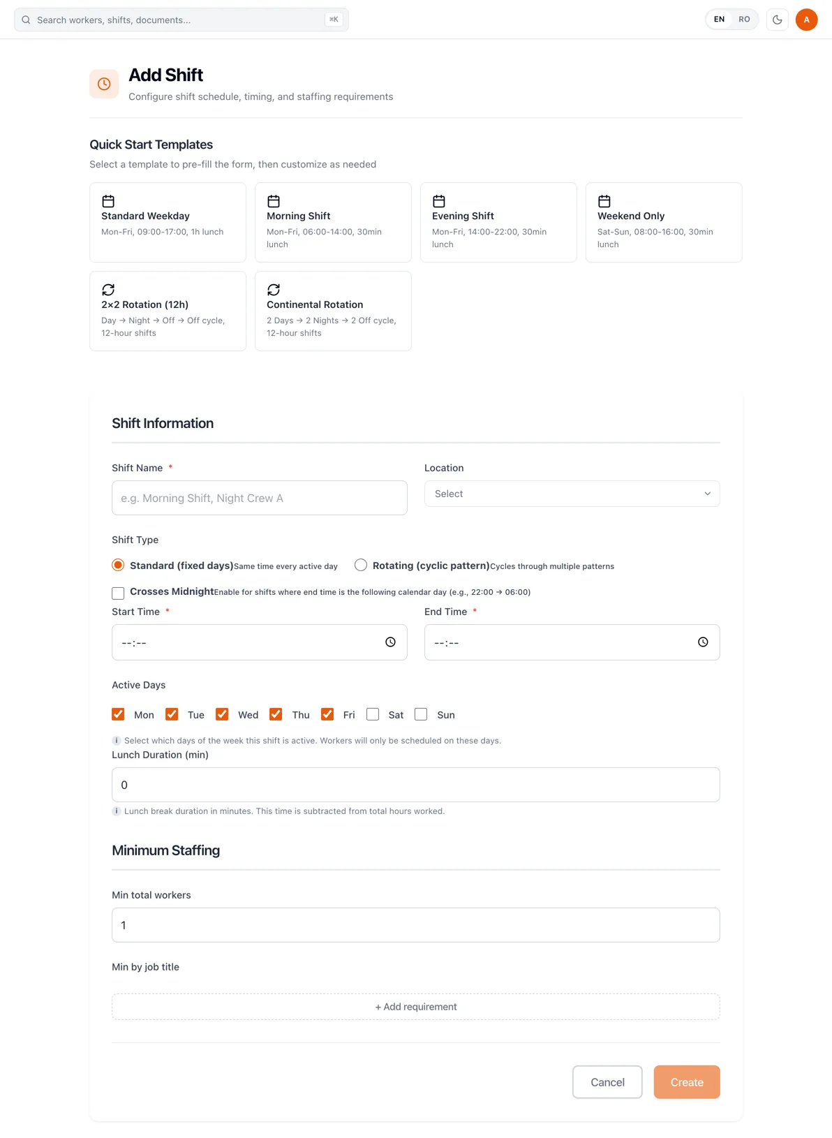 RevoHR shift creation form with quick-start templates, standard and rotating shift types, a crosses-midnight option, active days, lunch duration and minimum staffing by job title.