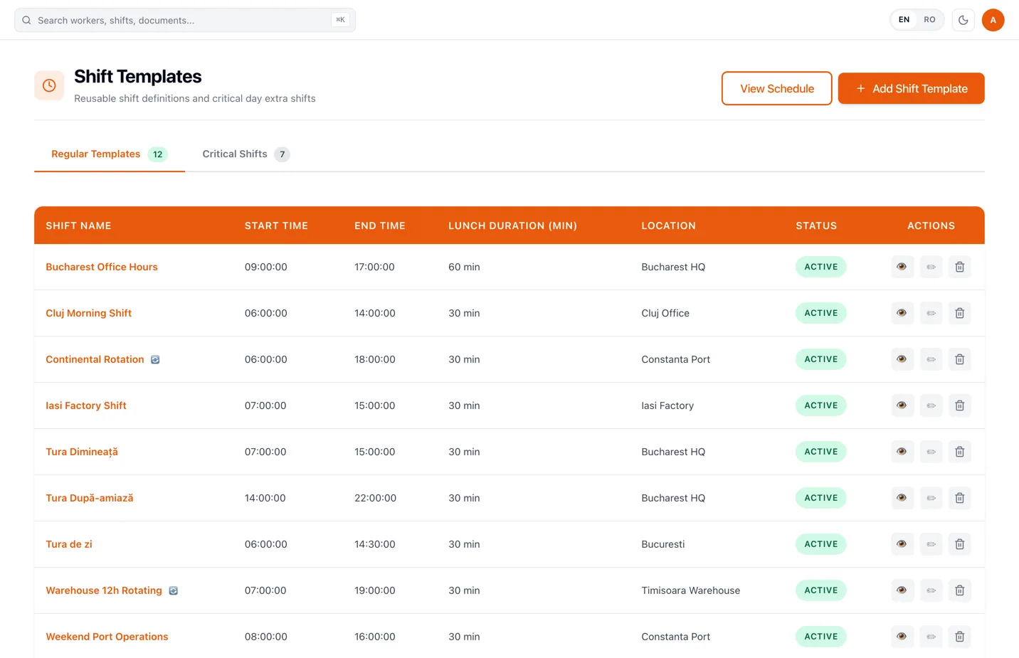 RevoHR shift templates list showing shift name, start and end time, lunch duration, location and status for standard and rotating shifts across several sites.