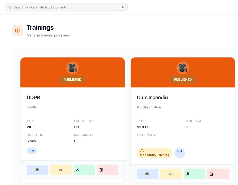 RevoHR training catalog showing training programs with their type, language, duration and mandatory status.
