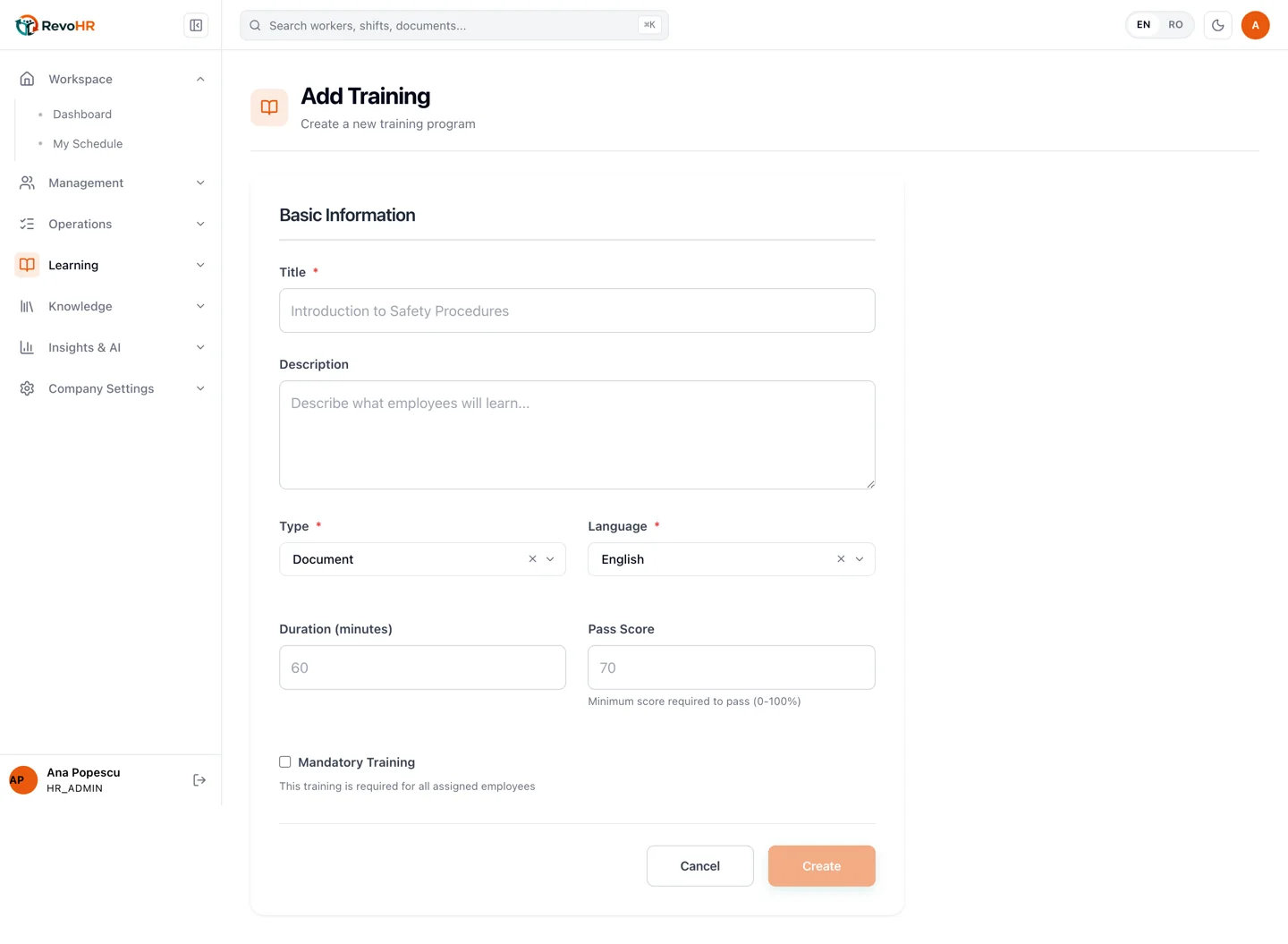 RevoHR add training form showing title, description, type, language, duration, pass score and the mandatory training setting.