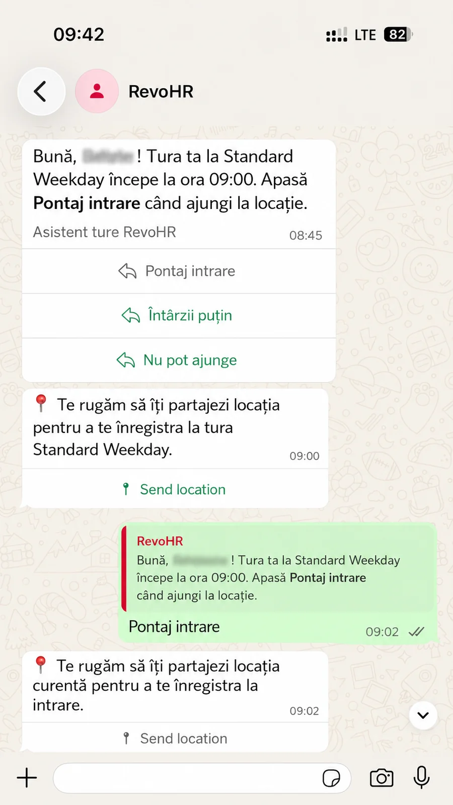 Pornirea fluxului de pontaj, trimiterea comenzii de check-in și cererea de partajare a locației.