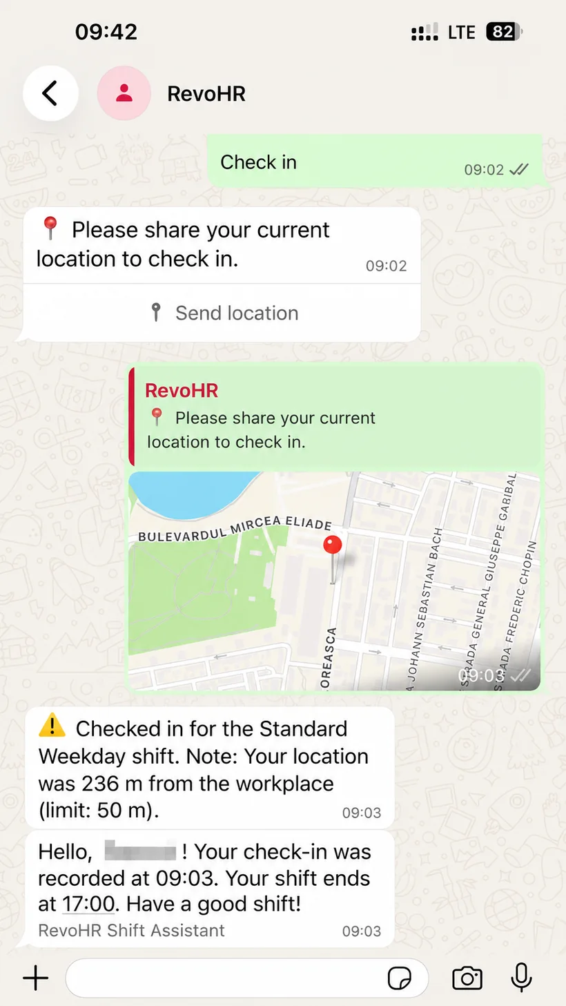 WhatsApp conversation showing the worker sharing their location on a map and RevoHR recording the check-in with a note that the location was 236 m from the workplace against a 50 m limit.