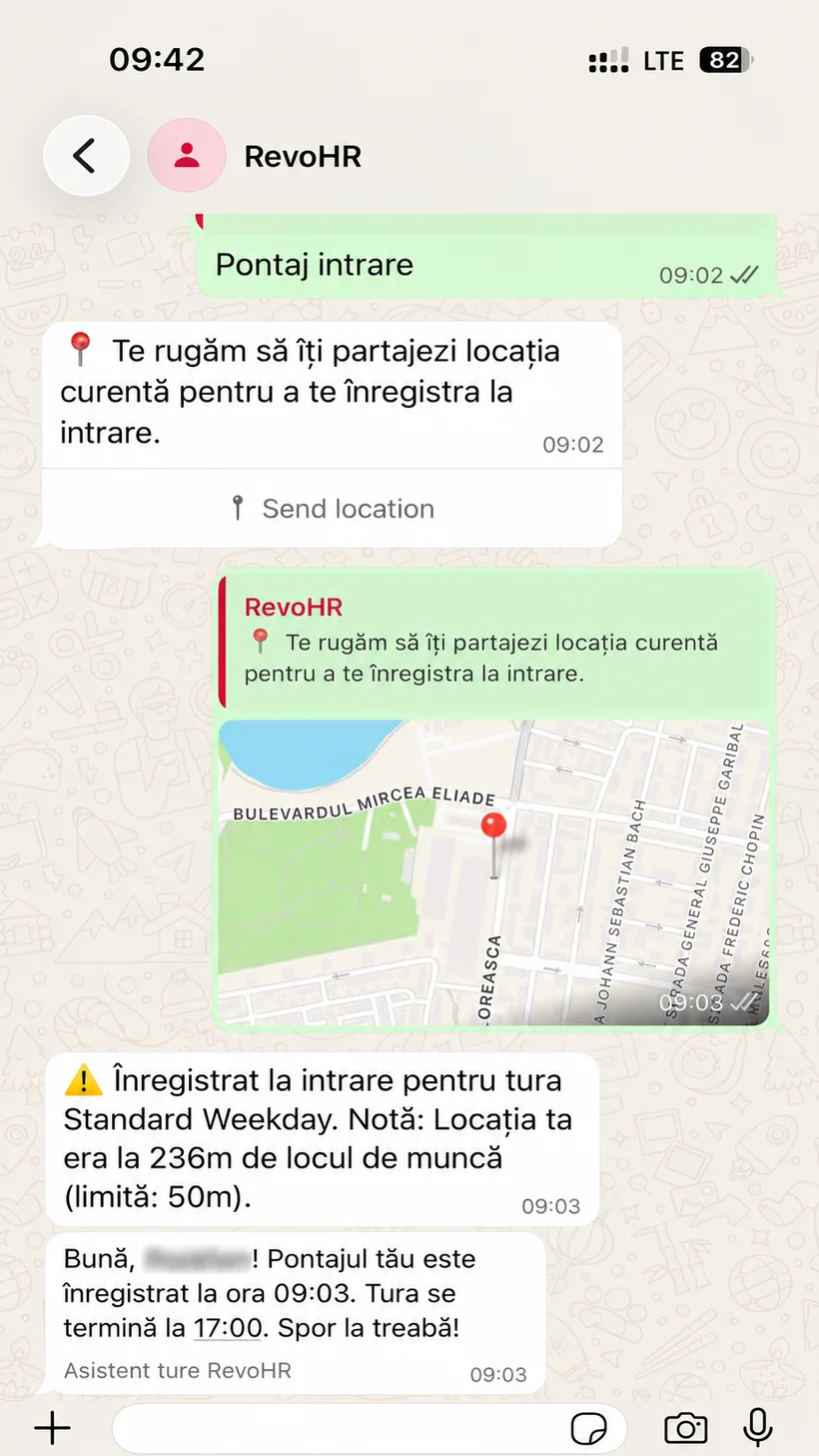 Conversație WhatsApp în care angajatul partajează locația pe hartă, iar RevoHR înregistrează pontajul cu nota că locația era la 236m de locul de muncă, față de o limită de 50m.