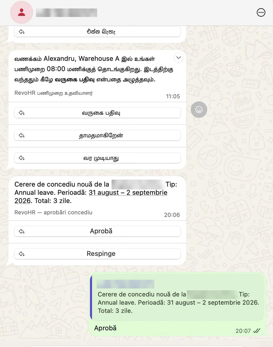 Un manager primind o cerere de concediu și aprobând-o din WhatsApp.