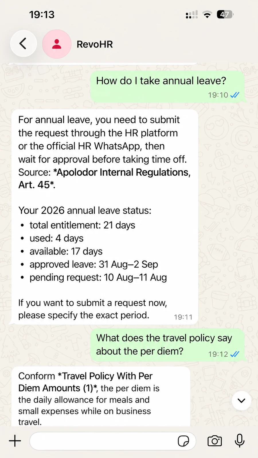 A worker asking how to take annual leave and what the travel policy says about the per diem, with answers grounded in company documents.