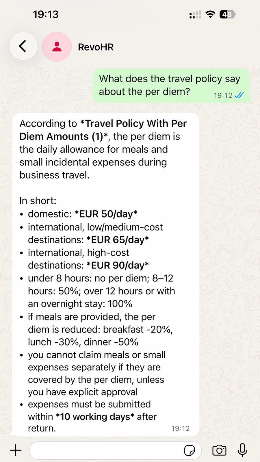 A detailed answer about per diem rules sourced from a travel policy.