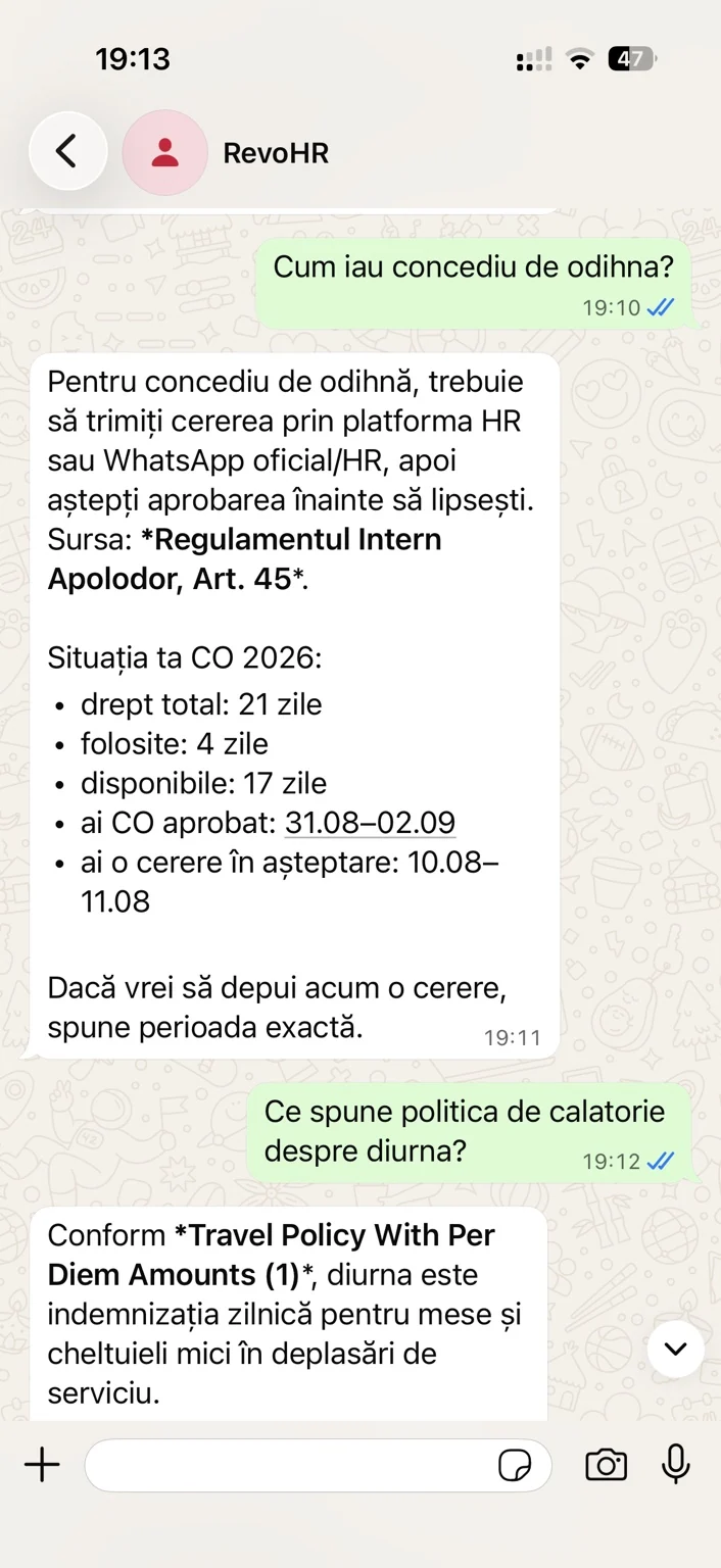 Angajatul întreabă cum ia concediul de odihnă și ce spune politica despre diurnă, iar sistemul răspunde pe baza documentelor companiei.