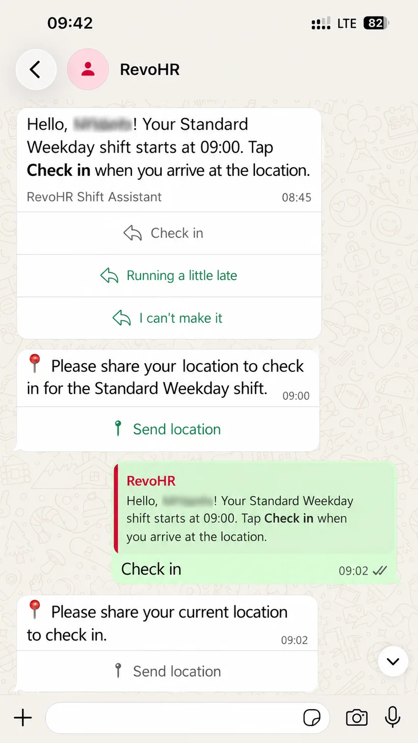 WhatsApp conversation showing a RevoHR shift reminder for the Standard Weekday shift, with Check in, Running a little late and I can't make it as replies.