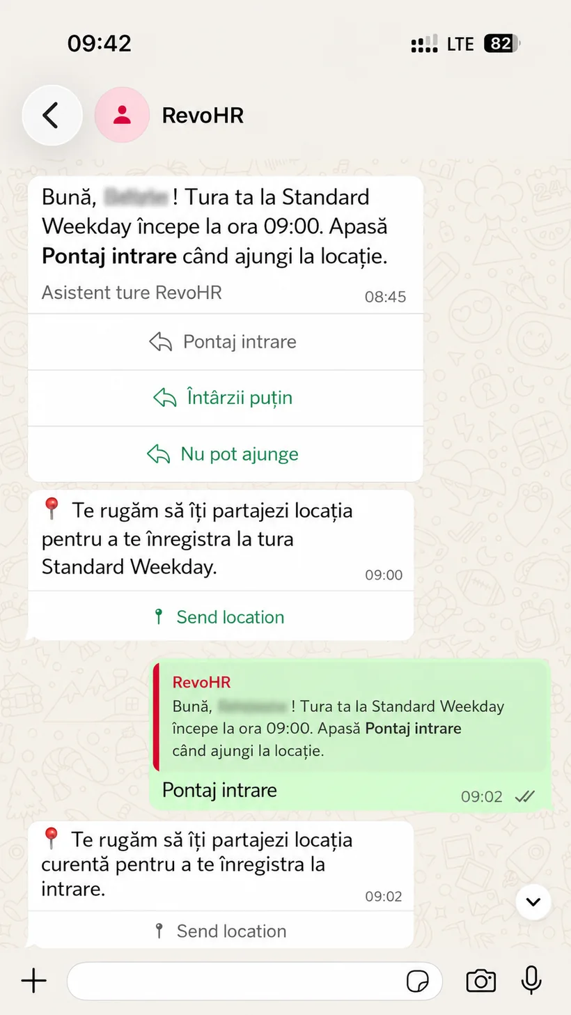Conversație WhatsApp cu notificarea RevoHR pentru tura Standard Weekday și angajatul care apasă Pontaj intrare.