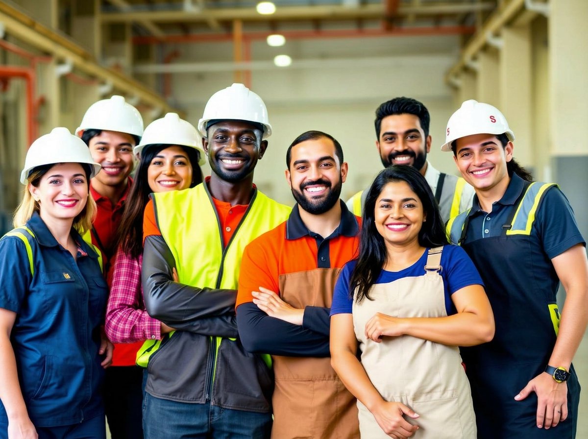Diverse frontline workers, construction, hospitality, warehouse, and healthcare staff, smiling together