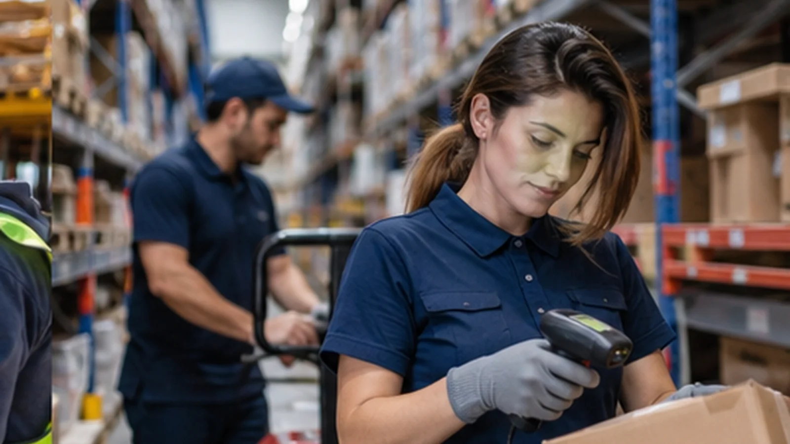 Lucrători într-un depozit logistic pregătind mărfuri
