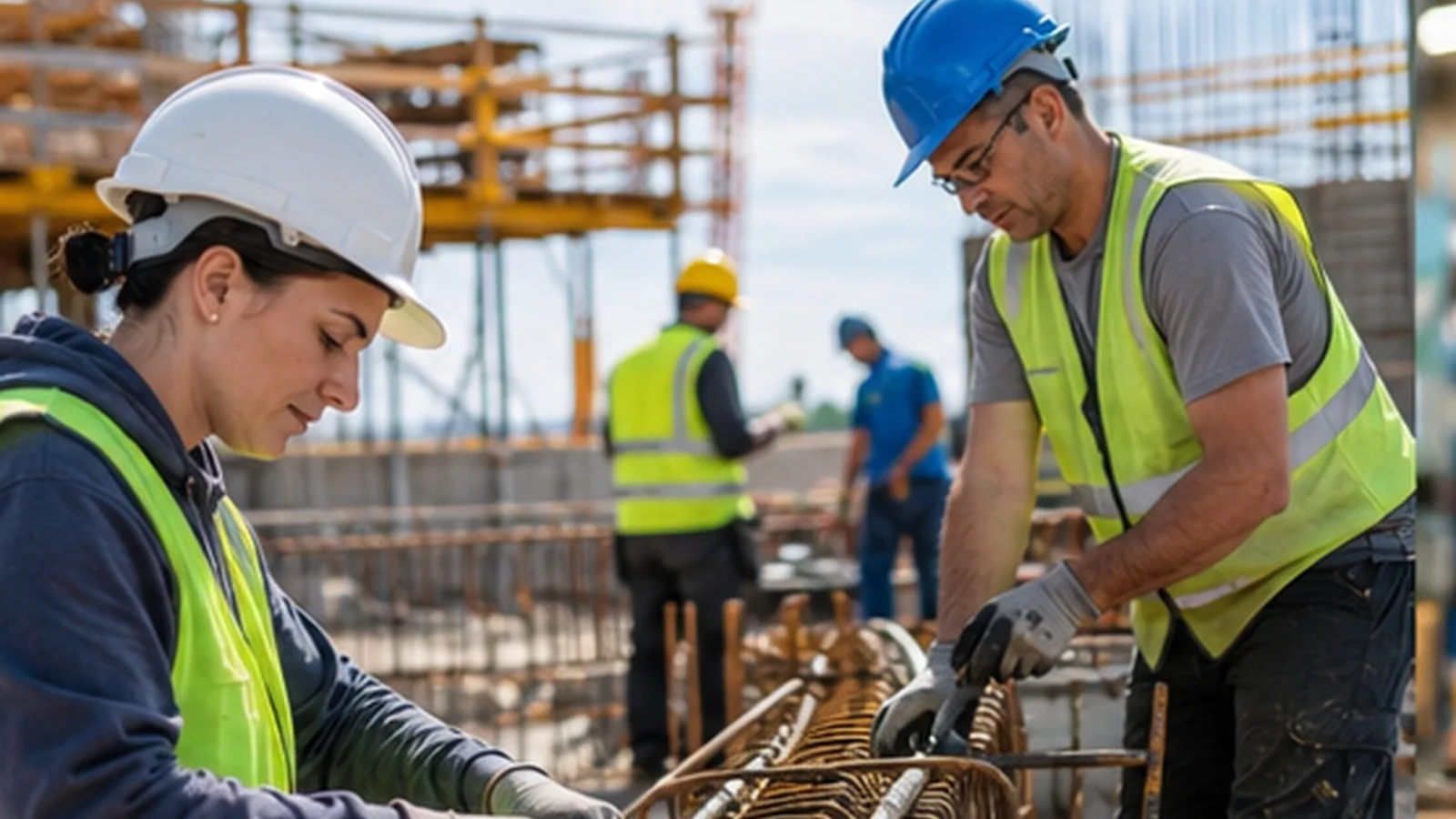 Echipă de construcții lucrând la armături pe un șantier