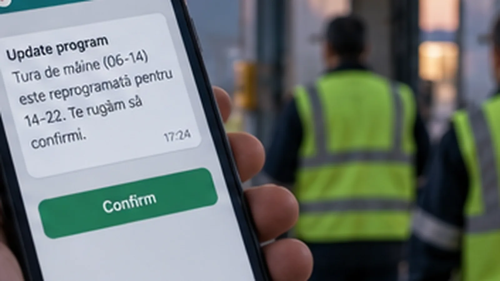Angajat primind pe telefon o actualizare a programului de tură