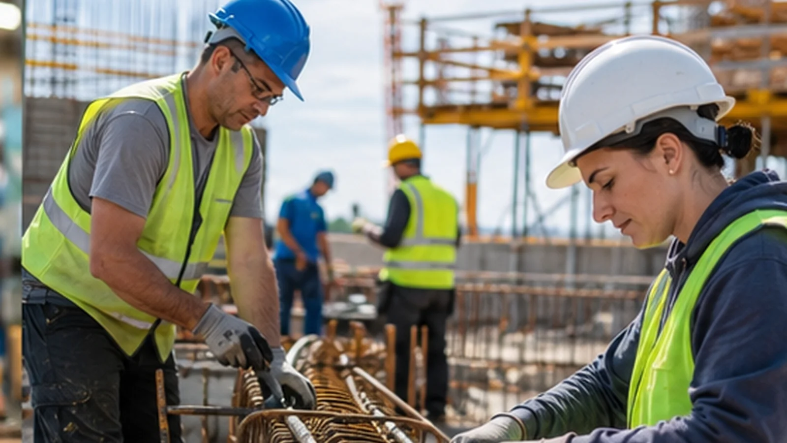 Lucrători pe un șantier de construcții, cu echipament de protecție