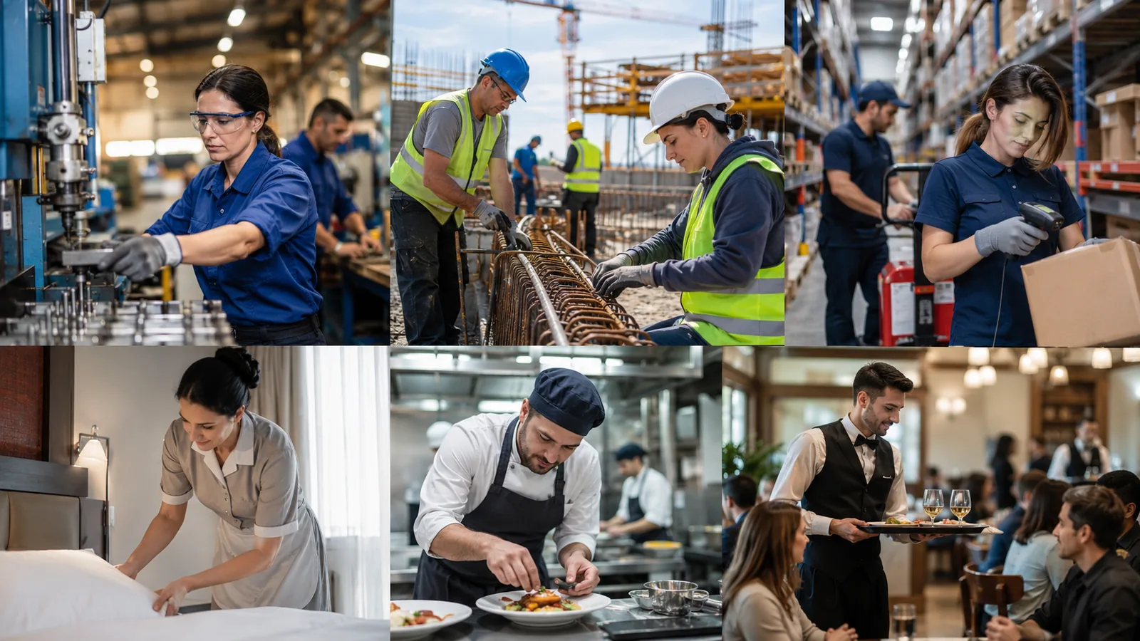 Colaj editorial cu echipe operaționale din industrie, construcții, logistică și ospitalitate, fotografiate în timpul lucrului.