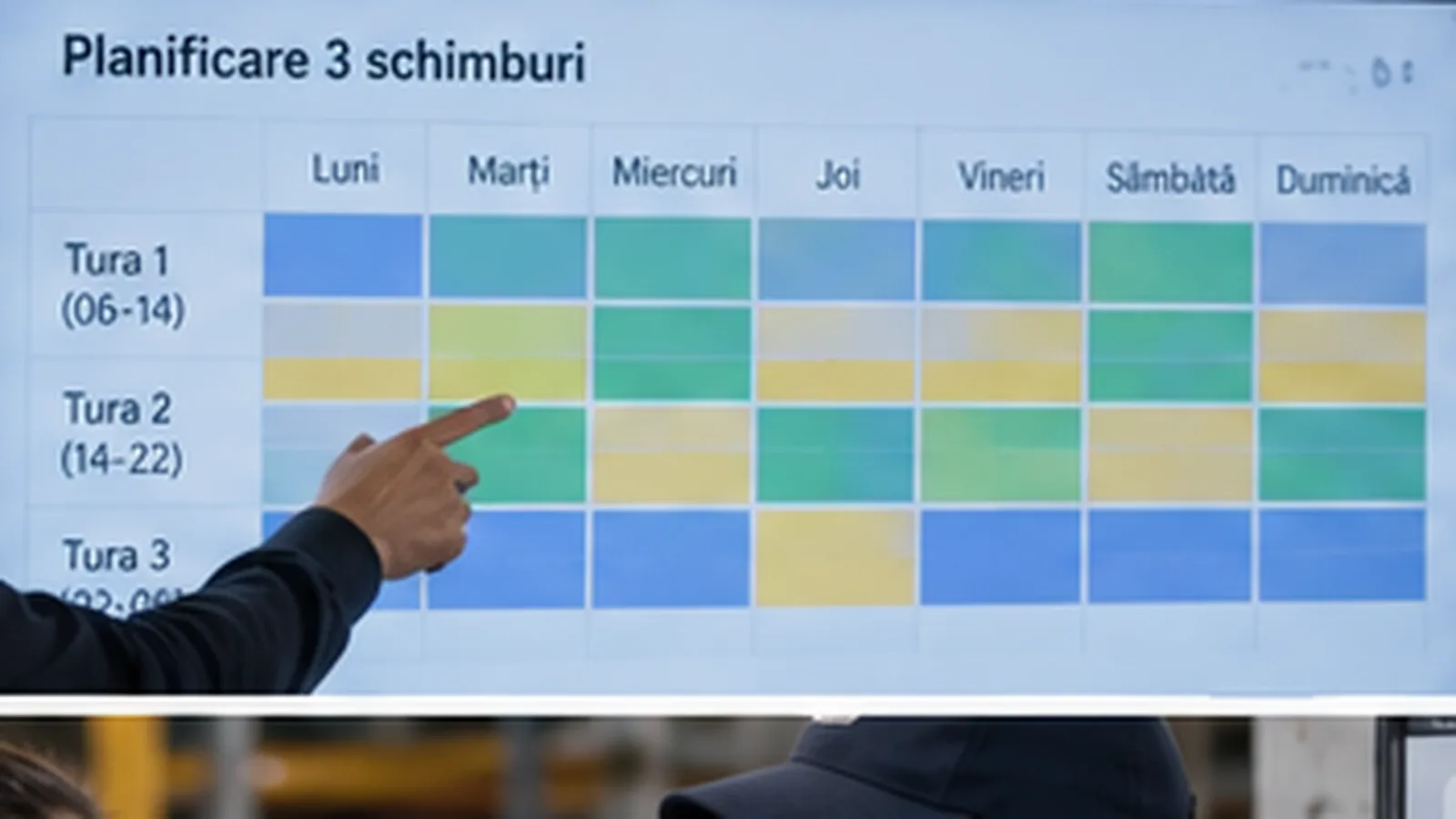 Echipă de operațiuni analizând un grafic de ture cu trei schimburi