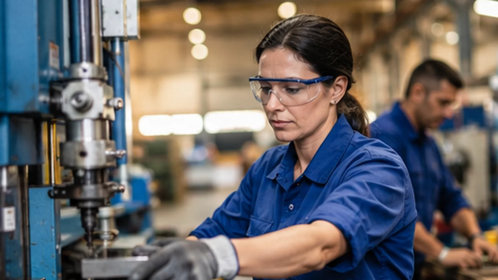 Operatori într-o fabrică din România, într-un mediu de producție industrială