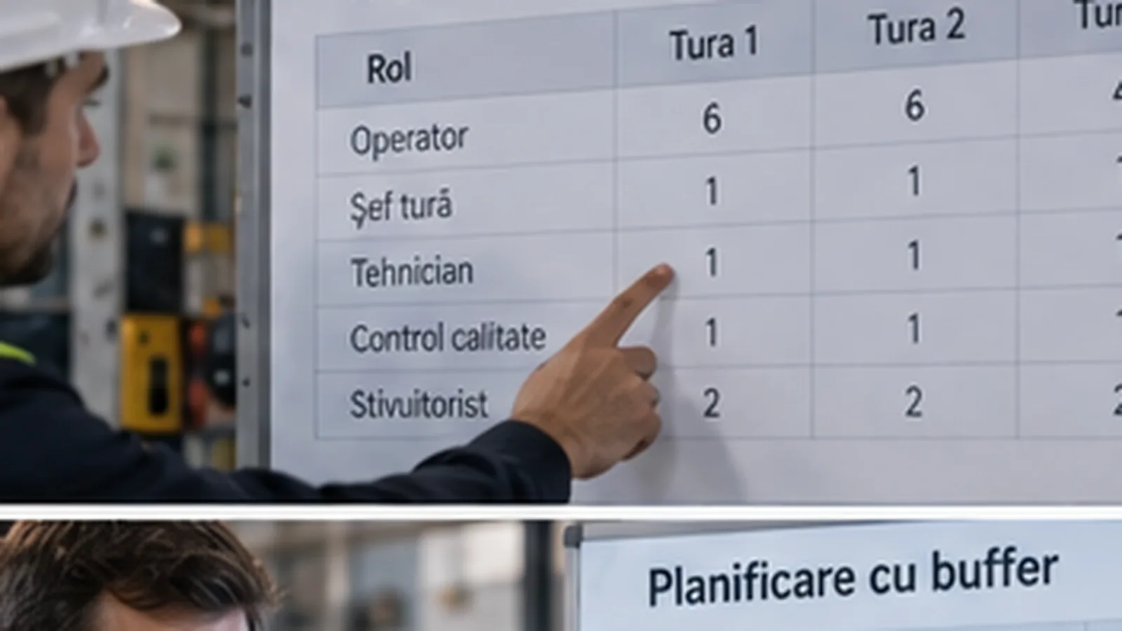 Manageri analizând necesarul minim de personal pe rol pentru fiecare tură