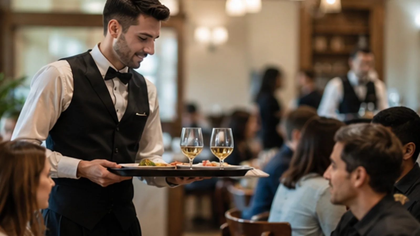 Ospătar servind clienți într-un restaurant aglomerat