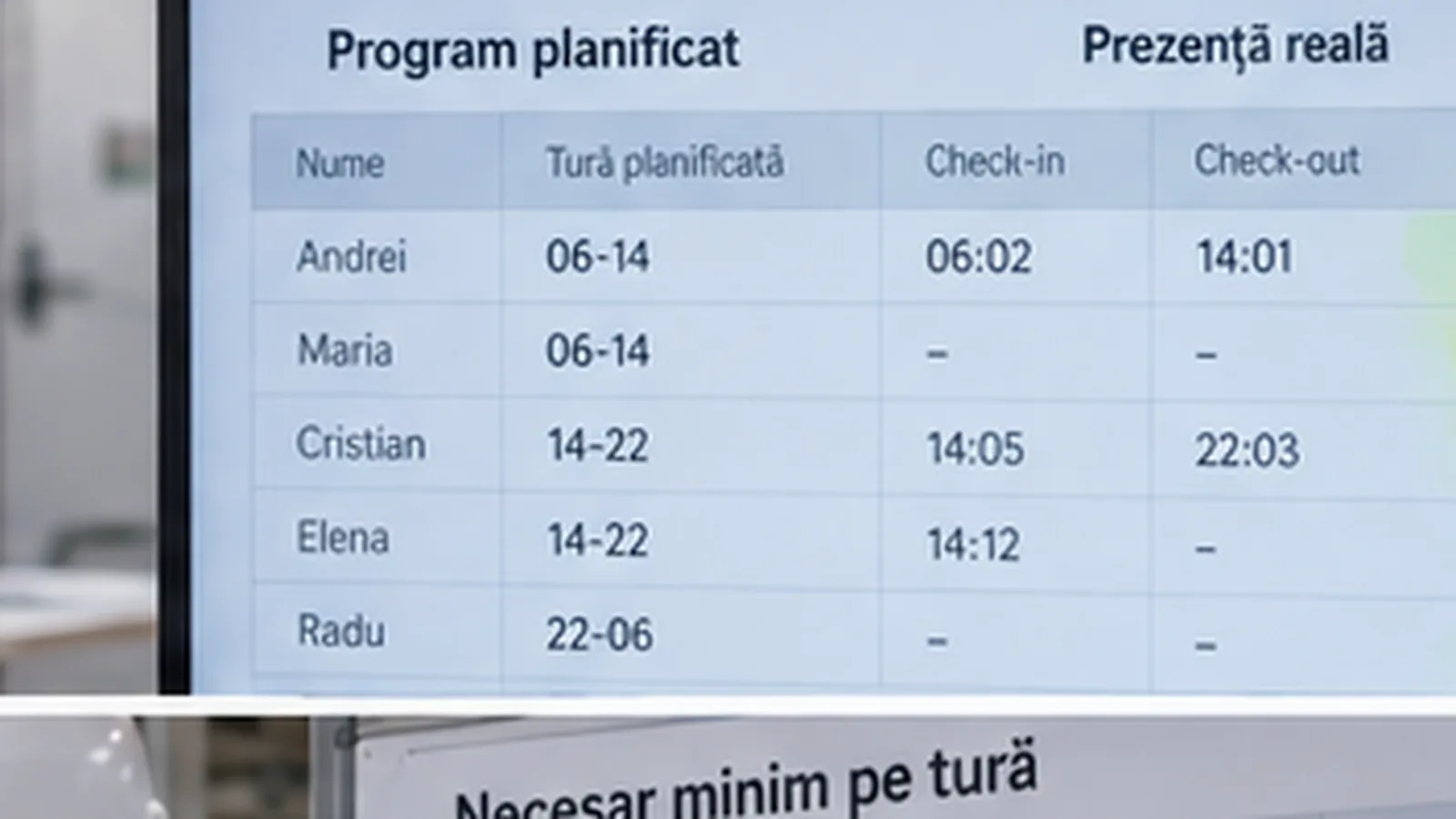 Ecran care compară programul planificat cu prezența reală a angajaților