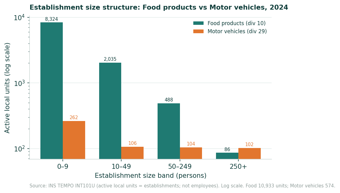 Grouped bar chart on a logarithmic scale comparing active local units by size band for food products (division 10) and motor-vehicle manufacturing (division 29) in 2024.