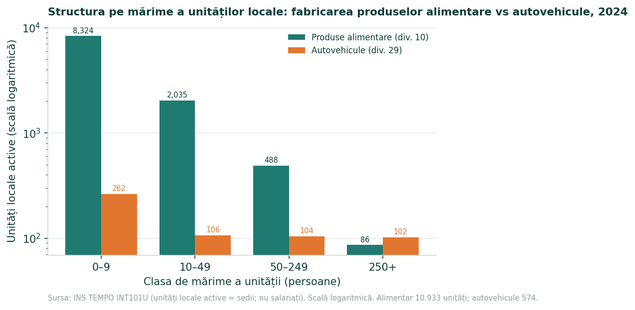 Grafic cu bare grupate, pe scară logaritmică, care compară unitățile locale active pe clase de mărime pentru produse alimentare (diviziunea 10) și autovehicule (diviziunea 29) în 2024.