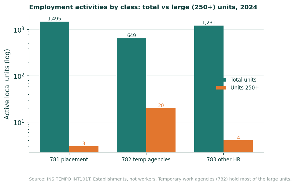 Paired bar chart of Division 78 local units in 2024 by class: total units (1,495 in 781, 649 in 782 and 1,231 in 783) against units in the 250+ size band (3, 20 and 4).