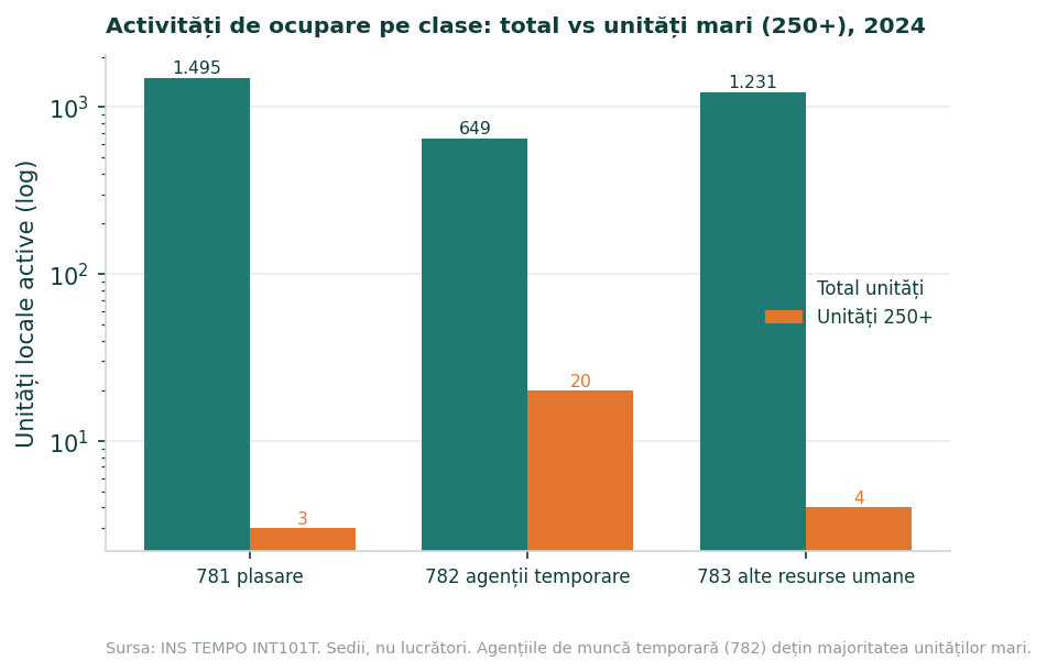Grafic cu bare pereche cu unitățile locale din Diviziunea 78 în 2024 pe clase: total unități (1.495 în 781, 649 în 782 și 1.231 în 783) față de unitățile din clasa 250+ (3, 20 și 4).